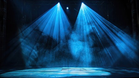 Dim stage illuminated by vibrant blue spotlight, creating dramatic contrastの素材