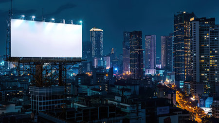 Blank billboard on a high-rise rooftop at night, showcasing your brand against a city skylineの素材