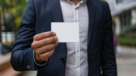 Businessman holding out a personalized business card, ready for networking and new connectionsの素材