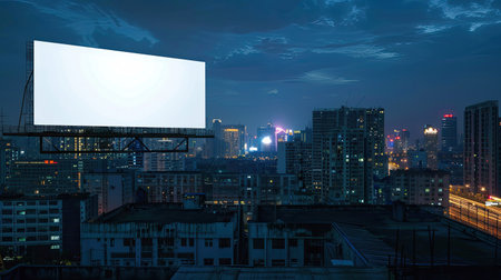 Blank billboard on a high-rise rooftop at night, showcasing your brand against a city skylineの素材