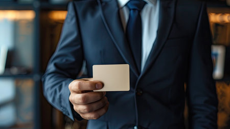 Business executive offering a business card, emphasizing professional communication and connectionの素材