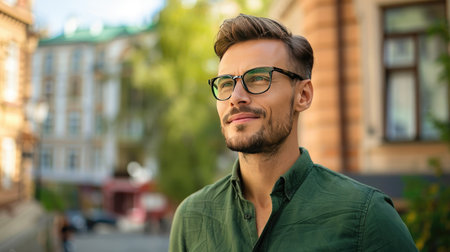 Confident professional in green shirt and fashionable glasses, glancing aside with a positive outlookの素材