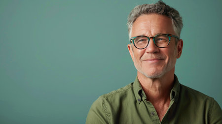 Happy older professional in green shirt and stylish glasses, gazing sideways with a cheerful expressionの素材