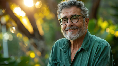 Happy older professional in green shirt and trendy glasses, gazing sideways with a positive outlookの素材