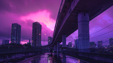 Dramatic cityscape under a purple-hued sky, framed by a sleek, modern overpassの素材