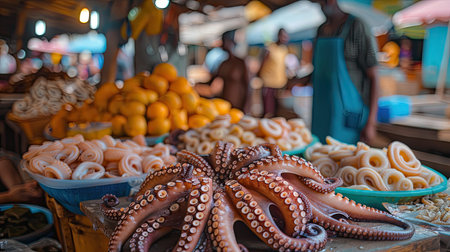 Fresh octopus and squid laid out for sale at a vibrant seafood market in Stone Town's evening hustleの素材