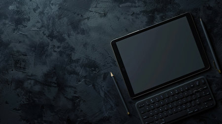 Digital notepaper on tablet with keyboard and stylus, placed on dark gray tableの素材