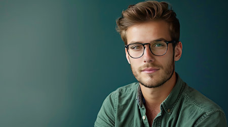 Confident professional man in green shirt and fashionable glasses, glancing aside with a focused expressionの素材