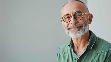 Happy older professional in green shirt and stylish glasses, gazing sideways with a cheerful demeanorの素材