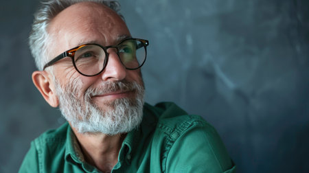 Happy older professional in green shirt and stylish glasses, gazing sideways with a cheerful demeanorの素材