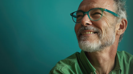 Happy older professional in green shirt and fashionable glasses, gazing sideways with a friendly smileの素材