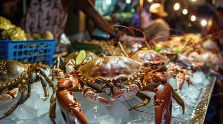 Freshly caught crabs and lobsters displayed on ice at a seafood stall in Stone Town's vibrant night marketの素材