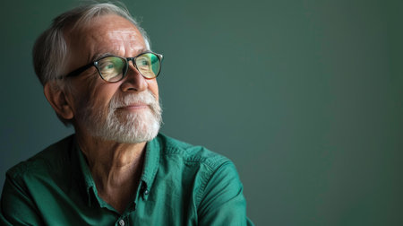 Happy older professional man in green shirt and stylish glasses, looking sideways with a content expressionの素材