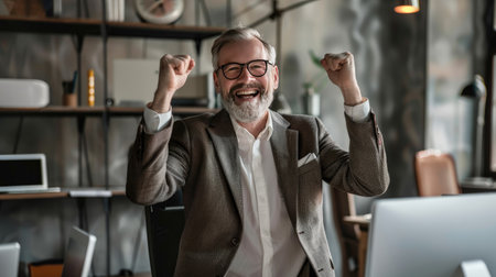 Happy middle-aged businessman entrepreneur in a creative workspace, symbolizing achievementの素材