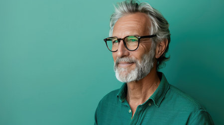 Happy older professional man in green shirt and stylish glasses, looking sideways with a content expressionの素材