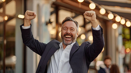 Happy middle-aged entrepreneur celebrating business success with a joyful expressionの素材