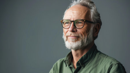 Happy older professional man in green shirt and stylish glasses, looking sideways with a content expressionの素材
