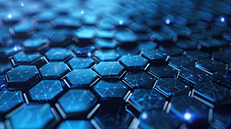 Hexagon pattern network technology abstract background, illustrating interconnected digital systemsの素材