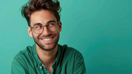 Happy professional man in green shirt and trendy eyewear, glancing aside with a cheerful expressionの素材