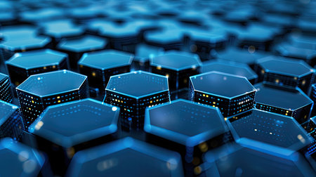 Hexagon pattern network technology abstract background, illustrating interconnected digital systemsの素材