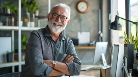 Joyful older professional manager in a modern office, exemplifying career fulfillment and successの素材