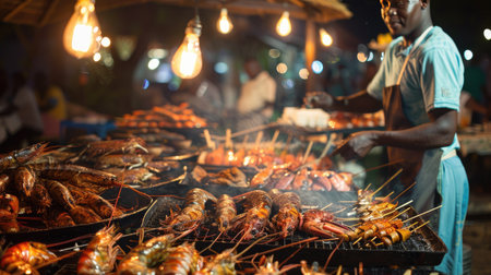 Lantern-lit seafood stalls offering a variety of grilled fish and prawns at Forodhani Gardens, Stone Townの素材