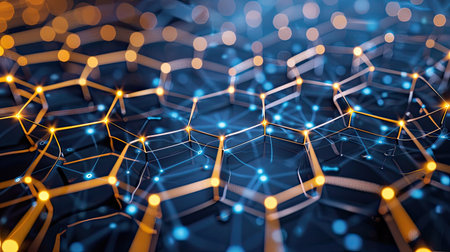 Hexagon pattern network technology abstract background, illustrating interconnected digital systemsの素材