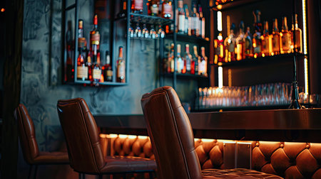High chair at stylish night club bar with liquor bottles on bartender shelfの素材