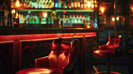 High chair in front of bartender's liquor shelf in dimly lit night clubの素材