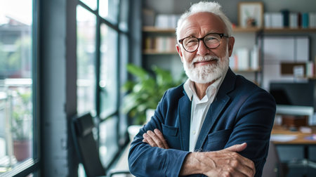 Joyful older professional manager in an office setting, portraying experience and positive leadershipの素材
