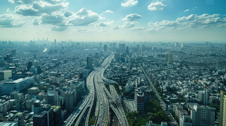 High-angle view of an expansive cityscape with a busy expressway cutting throughの素材