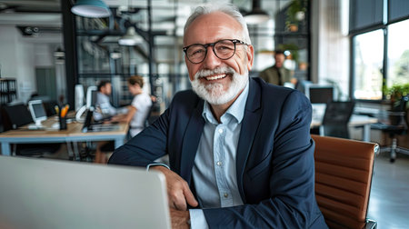 Joyful older professional manager in a modern office, exemplifying career fulfillment and successの素材