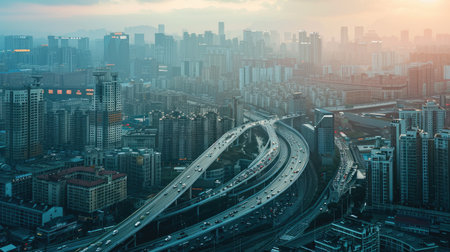 High-angle view of an expansive cityscape with a busy expressway cutting throughの素材