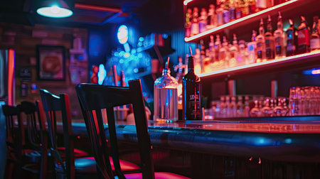 High chair in front of well-stocked bartender shelf at night clubの素材