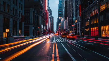 High-speed drive through an empty city street lined with tall, illuminated skyscrapersの素材