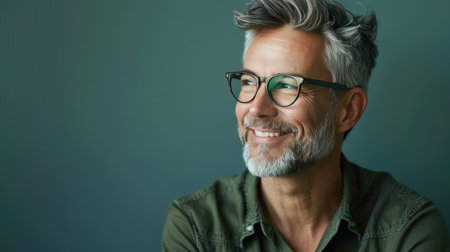 Mature businessman wearing green shirt and trendy eyeglasses, smiling and looking aside thoughtfullyの素材