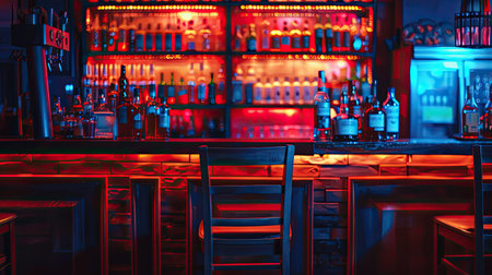 High chair facing a liquor-filled bartender shelf in a night clubの素材