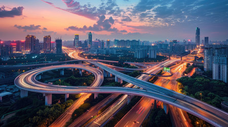 Highway interchange at dusk, with a sprawling metropolis aglow in the distanceの素材