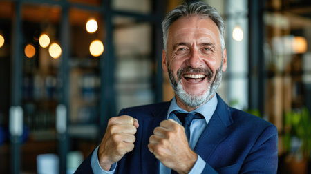 Middle-aged entrepreneur in a formal setting, celebrating business success with a joyful expressionの素材