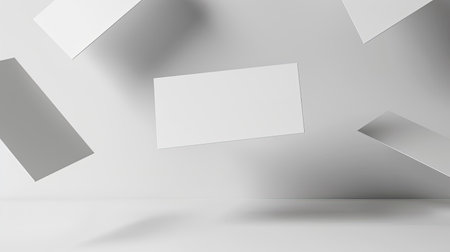 Mockup of floating business cards in a minimalist white setting, ideal for presenting your branding strategiesの素材