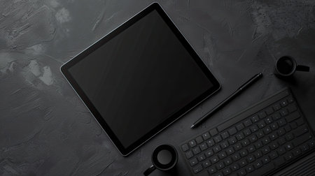 Lined notes on tablet screen with keyboard and stylus on dark gray surfaceの素材