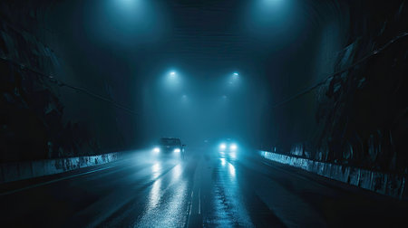 Nighttime drive through a tunnel filled with mist and rain, headlights cutting through the damp darknessの素材