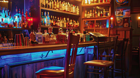 Night club interior with high chair facing bartender's liquor shelfの素材