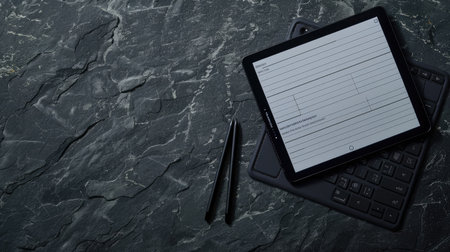 Lined notepaper on tablet screen with keyboard and stylus on dark gray surfaceの素材