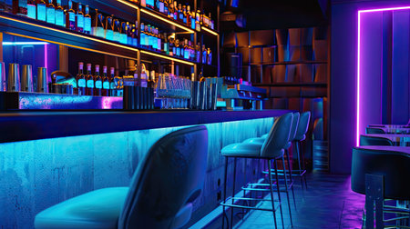 Night club interior with high chair facing bartender's liquor shelfの素材