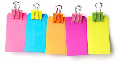 Set of colorful memo papers with paperclip, isolated on whiteの素材