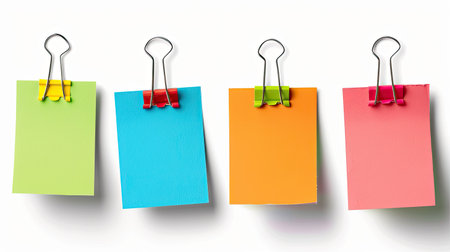 Set of colorful memo papers with paperclip, isolated on whiteの素材