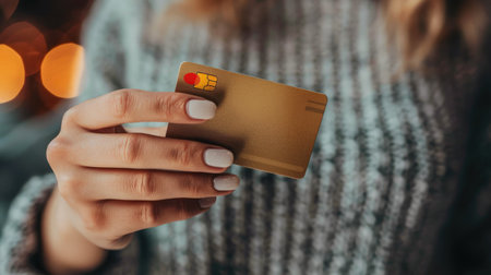 Woman's hand holding a credit card, emphasizing secure online transactions and bankingの素材