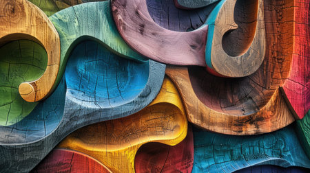 Abstract shapes and textures carved into wood, colorful backgroundの素材