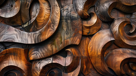 Abstract wooden material featuring carved patterns and rich color paletteの素材